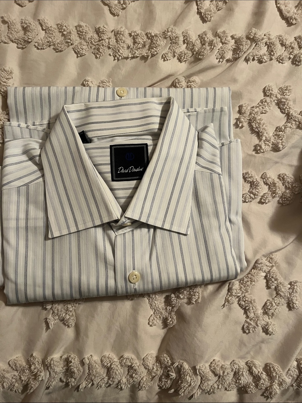 David Donahue Men's White Dress Shirt with Light Blue Stripes